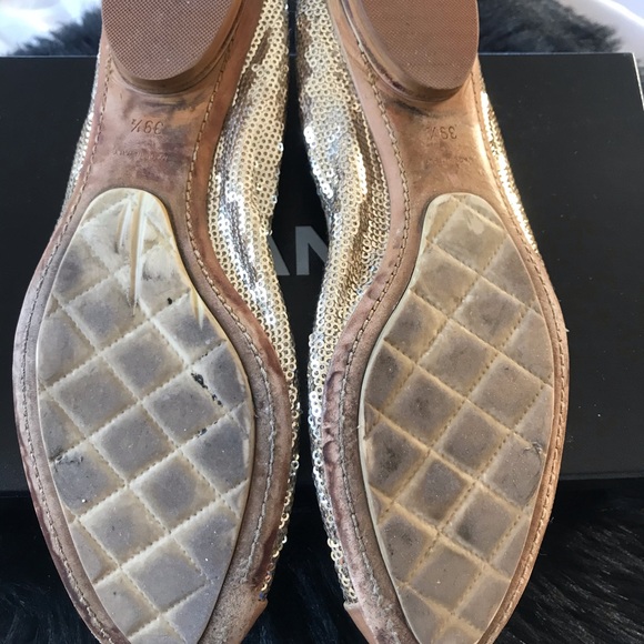 Tan and gold Chanel flats